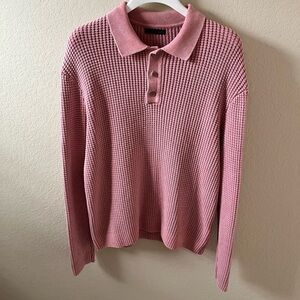 Zara Men’s Pink Long-Sleeve Button-Up Knit Polo Shirt Size L Waffle Knit